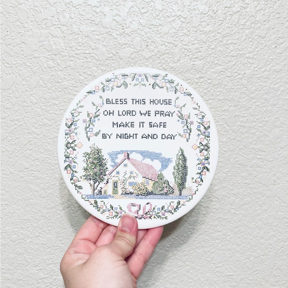 Vtg Ceramic House Blessing Embroidery-Look Wall Plaque Cottagecore Grandmacore